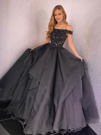 Gray black lace long prom dress. tulle evening dress cg1427