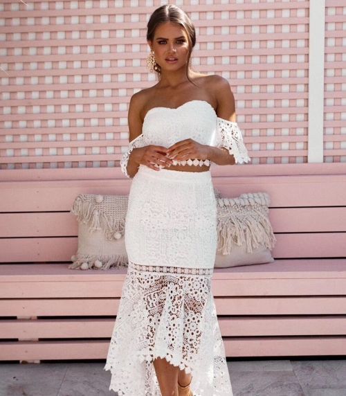 Two Piece White Prom Dress , Meramid Prom Dress With Lace   cg14278
