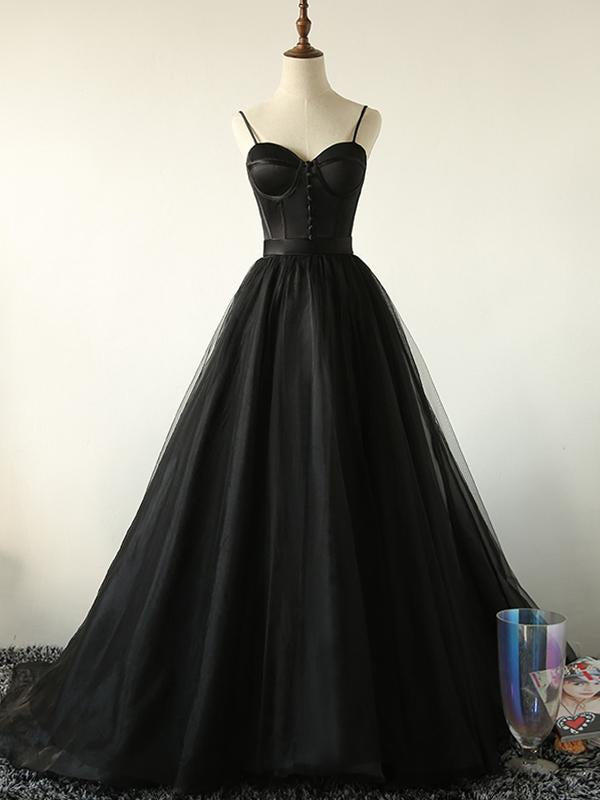 Ball Gown Spaghetti Straps Black Tulle Prom Dress Long Brush/Sweep Train Prom/Evening Dress  cg1429