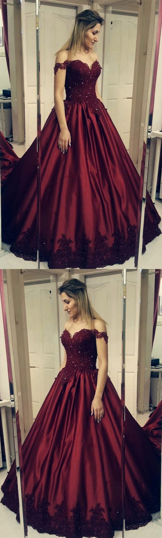 Off the Shoulder Burgundy Appliques Sweet 16 Prom Dresses   cg14304