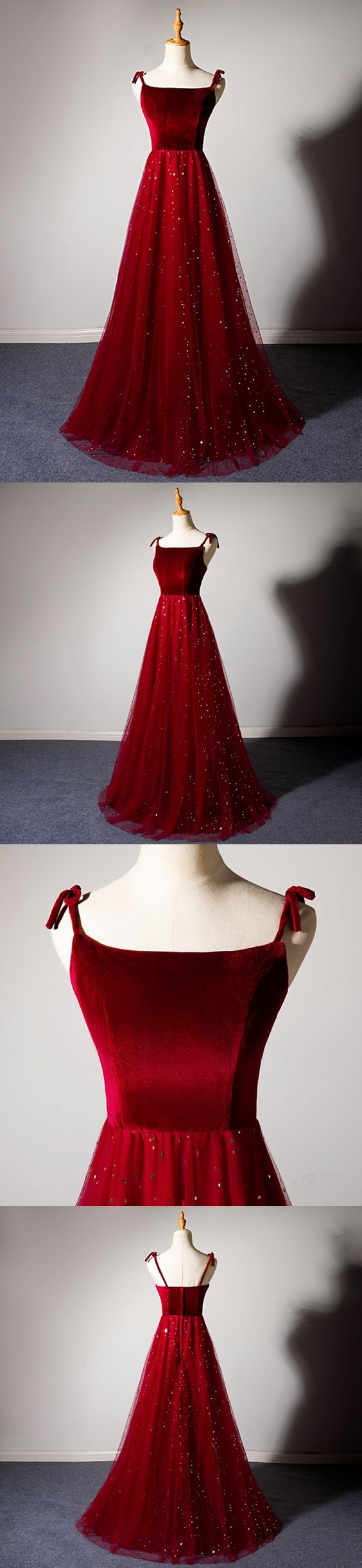 Sparkly Tulle Long Prom Dress A Line Spaghetti Straps Burgundy Prom/Evening Dress  cg1433