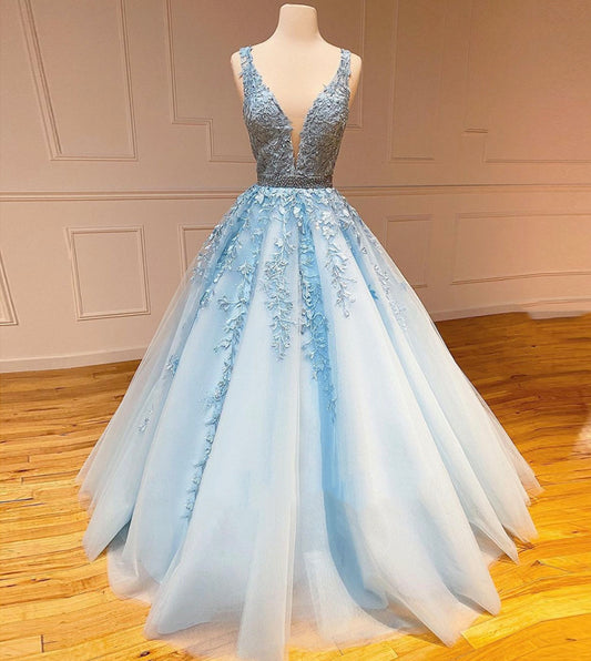 BLUE TULLE LACE LONG BALL GOWN DRESS V NECK EVENING PROM DRESS    cg14337