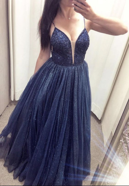Dark blue tulle sequins prom dress evening dress   cg14348