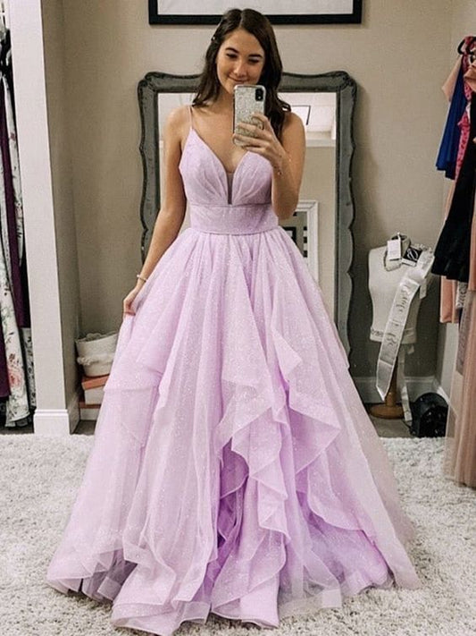 Shiny V Neck Purple Tulle Prom Dresses, Purple Long Formal Evening Dresses    cg14392