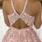 V Neck Open Back Pink Lace Long Prom Dress, Pink Lace Formal Dress, Pink Evening Dress   cg14483