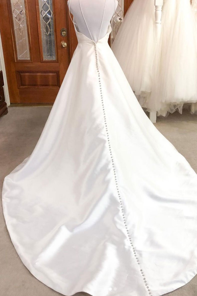 long prom dress Simple white v neck satin long wedding dress white bridal dress    cg14526