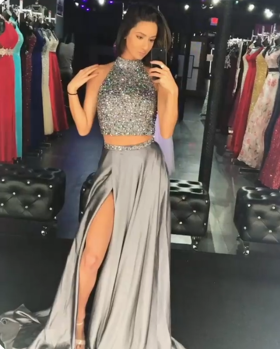 grey 2 piece split prom party dress with beaded   cg14550