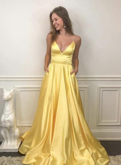 Yellow satin long prom dress simple evening dress   cg14561