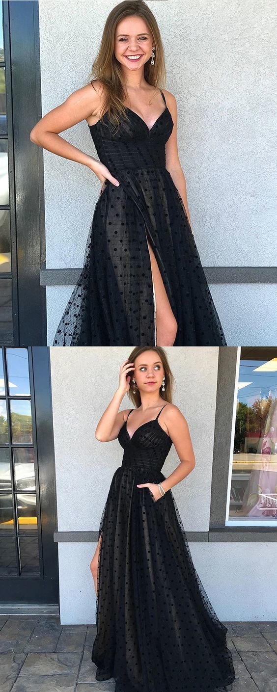 Spaghetti Straps Black Polka Dot Net Side Slit Prom Dress  cg13577