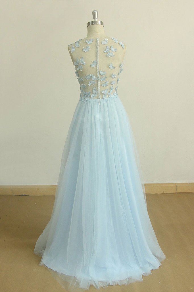 A Line Round Neck Baby Blue Lace Long Prom Dress with Butterfly   cg14595