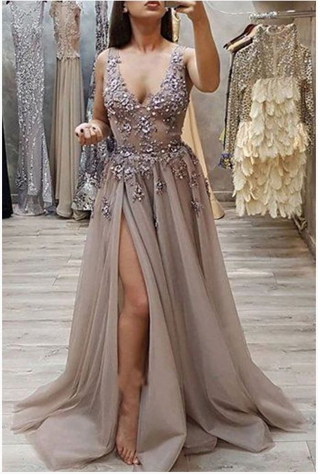 Charming A Line V Neck Open Back High Split Grey Lace Long Beads Long Prom Dresses   cg14629