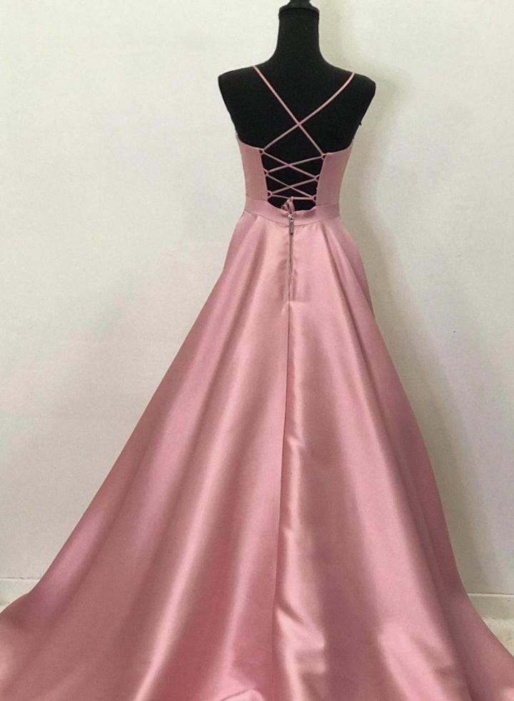 Pink v neck satin long prom dress pink evening dress   cg14637