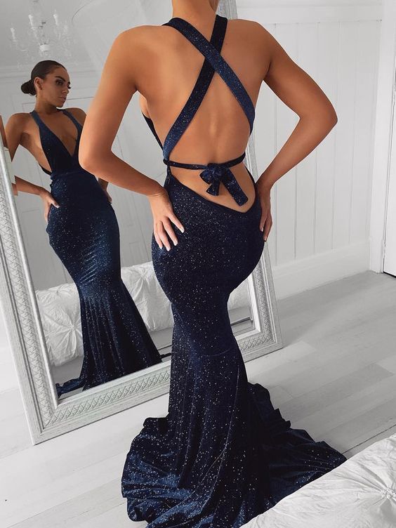 Mermaid V Neck Navy Sparkly Prom Dresses, Fashion Evening Dresses   cg14644