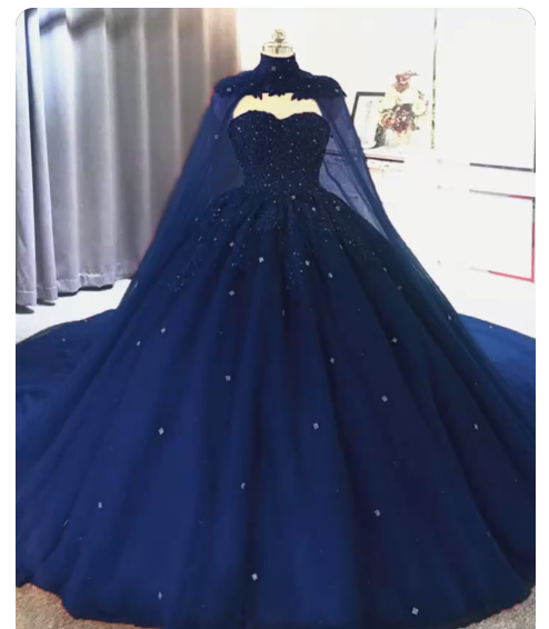 Elegant Lace embroidery tulle beaded quinceanera dresses navy blue ball gown prom dress with cape   cg14666
