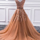Gorgeous V Neck Champagne Lace Long Prom Dress, Champagne Lace Formal Graduation Evening Dress   cg14702