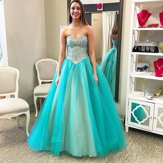 Long Junior Blue Ball Gown Sweetheart Sleeveless Corset Beading Prom Dresses   cg14728