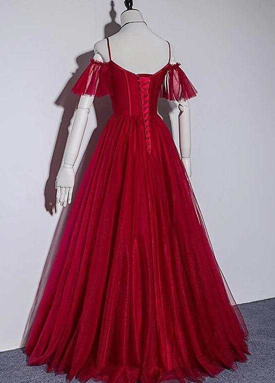 Dark Red Sweetheart Straps Tulle Evening Gown, Wine Red Prom Dress   cg14765