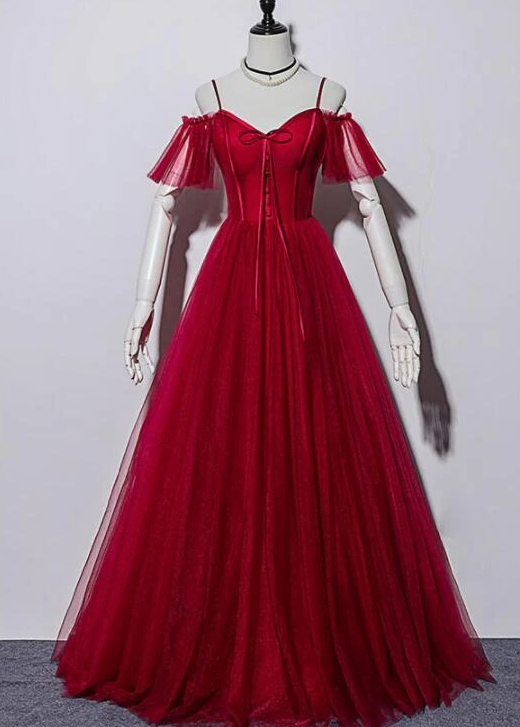 Dark Red Sweetheart Straps Tulle Evening Gown, Wine Red Prom Dress   cg14765