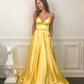 YELLOW V NECK SATIN LONG PROM DRESS SIMPLE EVENING DRESS   cg14829