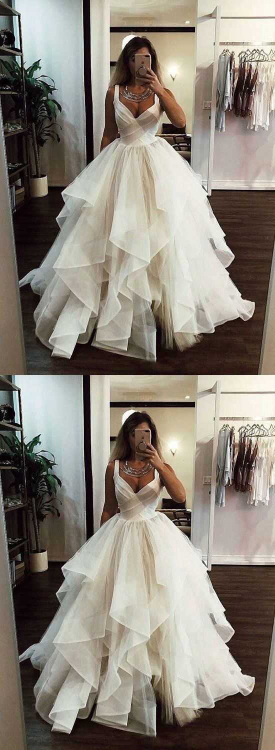 White v neck tulle long prom dress, white evening dress cg1491