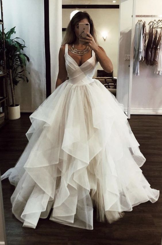 White v neck tulle long prom dress, white evening dress cg1491