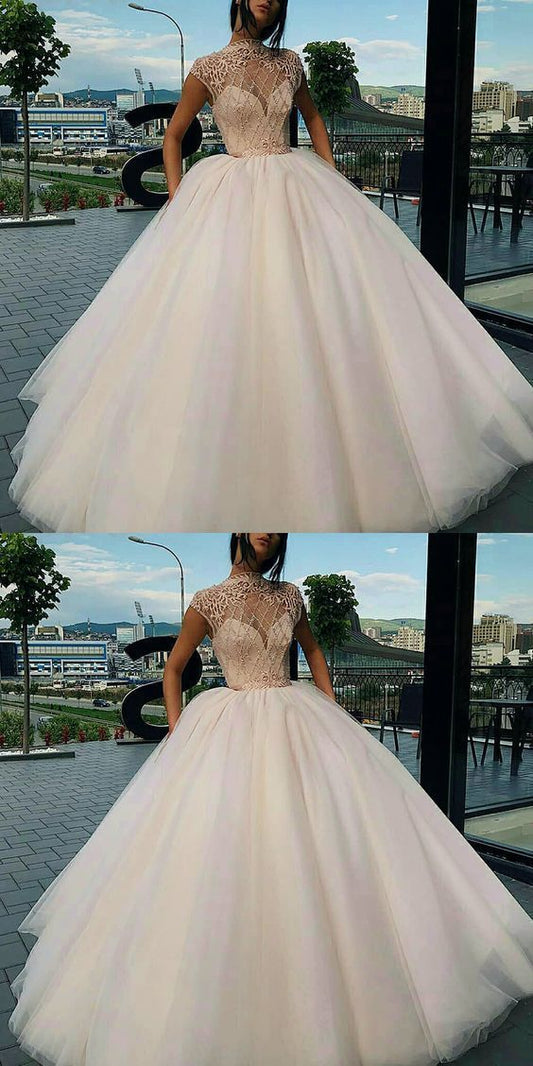 Cap sleeve ball gown prom dresses beaded elegant prom gown   cg14923