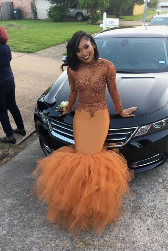 Tulle Long Sleeves High Neck Beads Appliques Dust Orange Mermaid Prom Dress cg1495