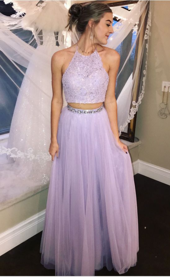 Two piece prom dress, halter long prom dress, modest tulle prom dress, simple prom dress  cg1496