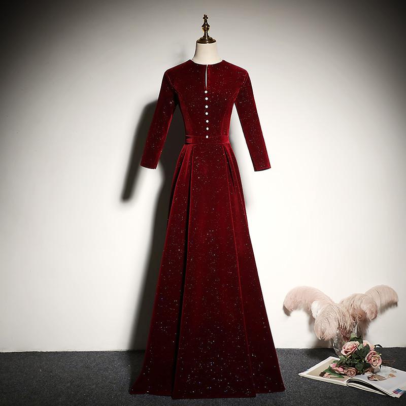 New Style Wine Red Velvet Long Sleeves Prom Dress, A-Line Floor Length Party Dress   cg14972