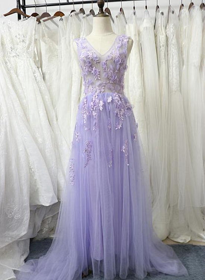 Charming Tulle Floral Light Purple Long Party Dress, A-Line Prom Dress 2021   cg14973