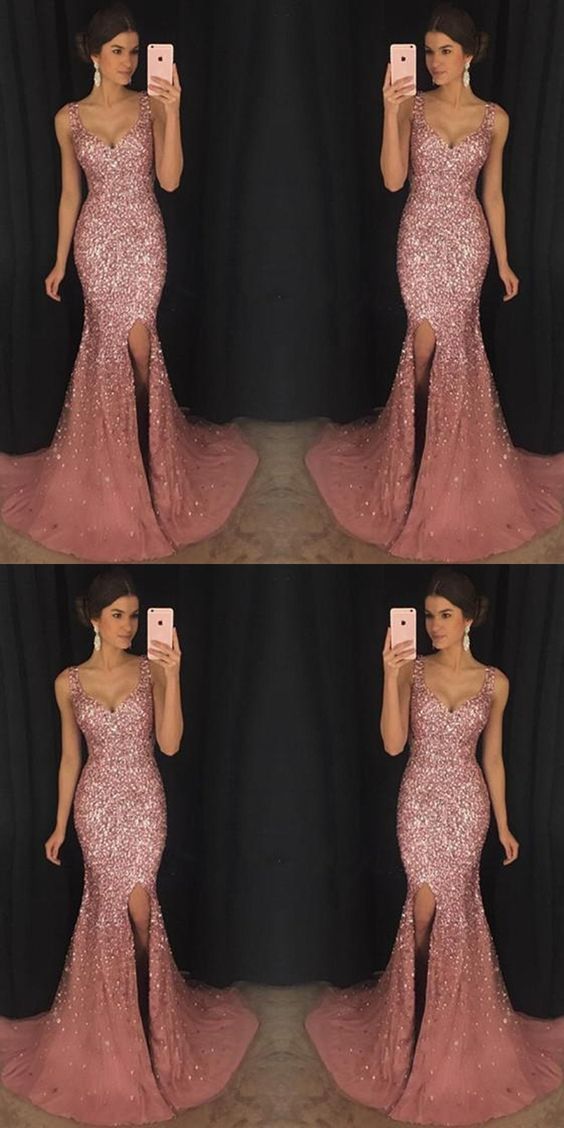 Most Popular Strap Rhinestone Long Mermaid Side Slit Gorgeous Sparkle Prom Dresses cg1499