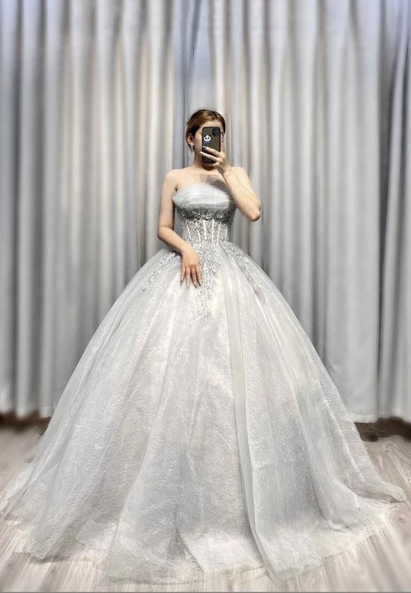 Grey tulle lace long ball gown prom  dress formal dress   cg15038