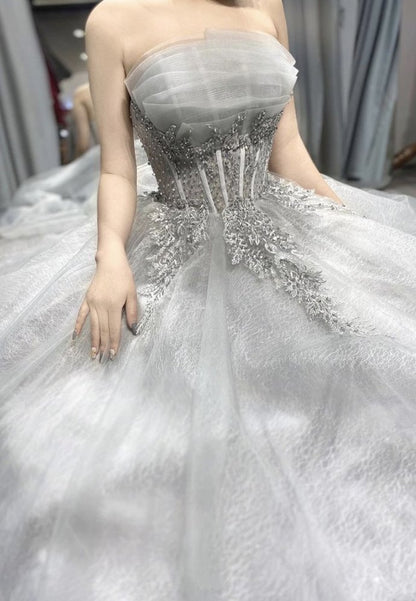 Grey tulle lace long ball gown prom  dress formal dress   cg15038