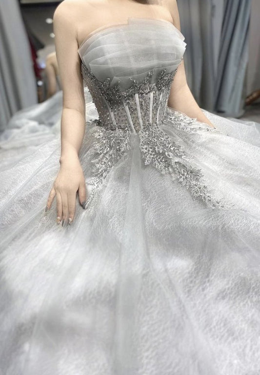 Grey tulle lace long ball gown prom  dress formal dress   cg15038