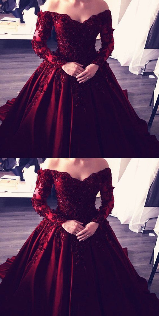 Burgundy Satin with Lace Applique Ball Gown Party Dress,Wine Red Prom Dress   cg15078