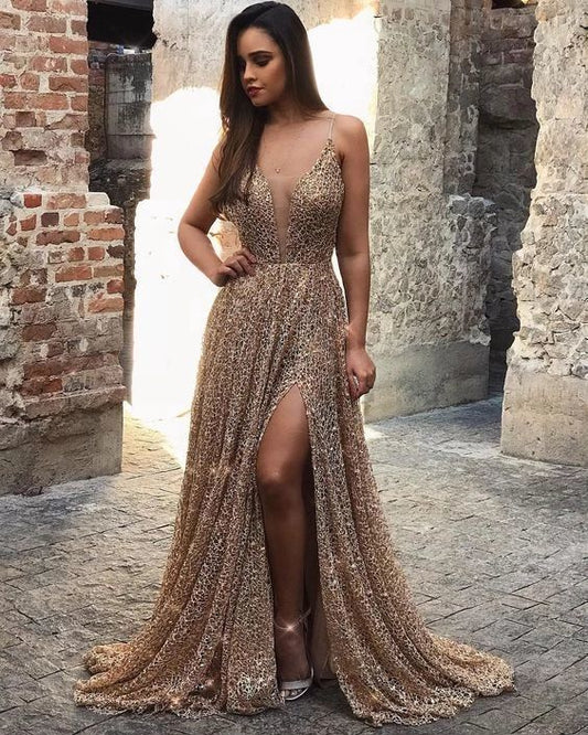 Deep V Neck Prom Dresses Sequin Side Slit Evening Dresses   cg15086