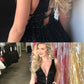 V-Neck Sleeveless Long Black Prom Dress with Sequin Open Back Evening Dress cg1511