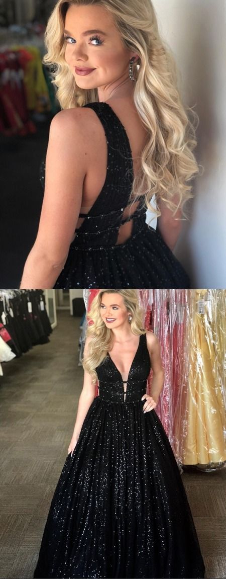 V-Neck Sleeveless Long Black Prom Dress with Sequin Open Back Evening Dress cg1511