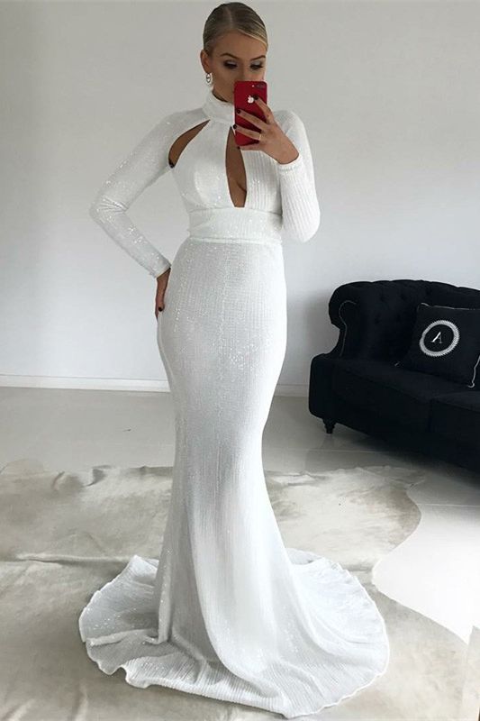 Mermaid High Neck Long Sleeves White Sequined prom dress    cg15120