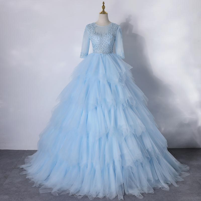 Light Blue Layers Tulle With Lace Princess Gown, Short Sleeves Ball Gown Sweet 16 prom Dress   cg15122