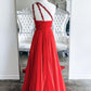 Red one shoulder long prom dress red evening dress   cg15185