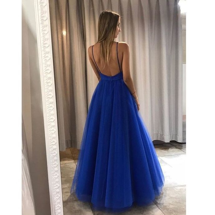 Simple Royal Blue Tulle A-line Spaghetti Straps Girls Long Prom Dress   cg15226