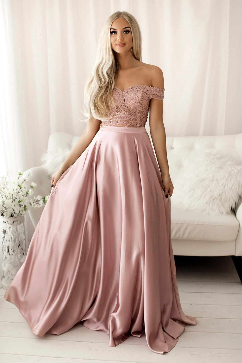 PINK LACE LONG PROM DRESS TWO PIECES EVENING DRESS   cg15253