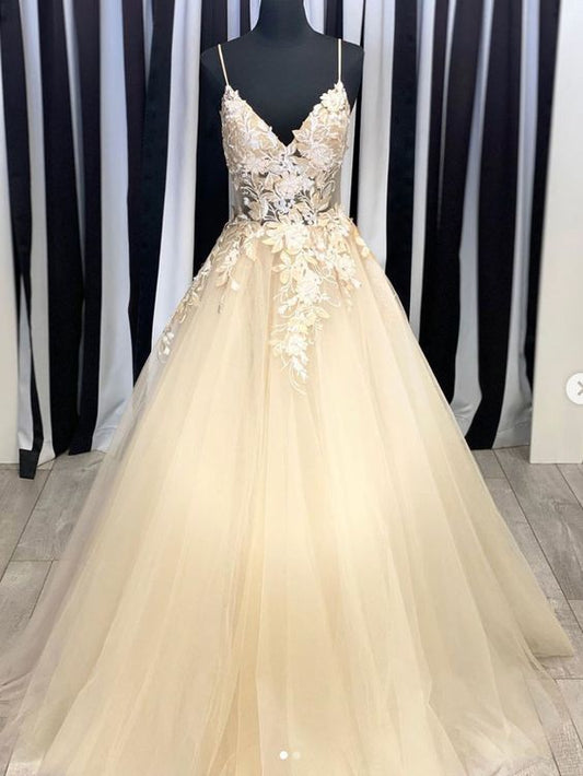 Champagne v neck tulle lace long prom dress tulle lace evening dress    cg15259