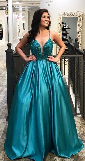 Gorgeous Beaded Top Teal Satin Long Prom Dress   cg15330