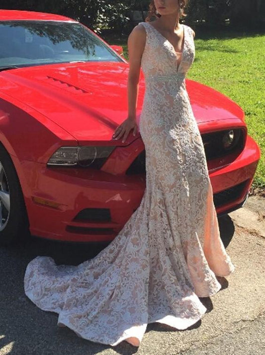 Gorgeous Sleeveless Lace Applique Mermaid Beaded Long Evening Prom Dresses   cg15349