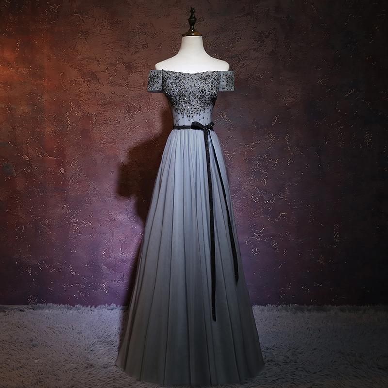 Charming Grey A-Line Off Shoulder Prom Dress, Floor Length Formal Dress   cg15352