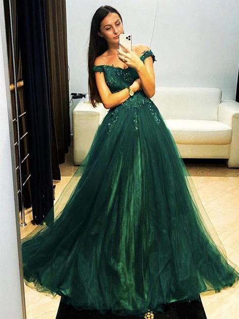 Off Shoulder Dark Green Lace Long Prom Dresses, Dark Green Lace Formal Graduation Evening Dresses   cg15381