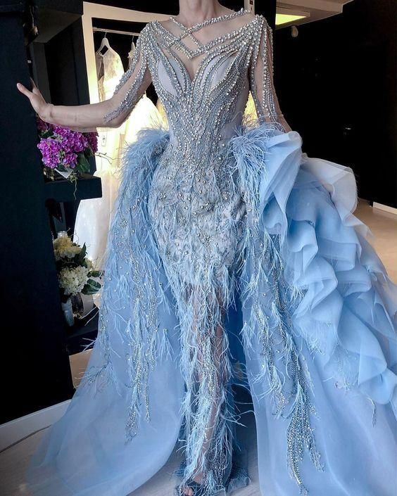 luxury blue prom dresses with detachable skirt beaded crystal feather long sleeve elegant prom gown    cg15393