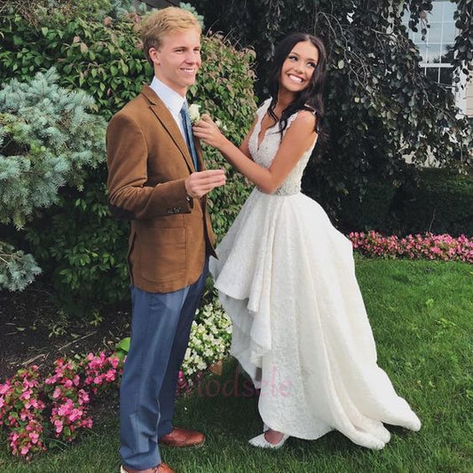 Gorgeous White High Low Formal Gowns,Charming Sleeveless V Neck Prom Dresses   cg15441